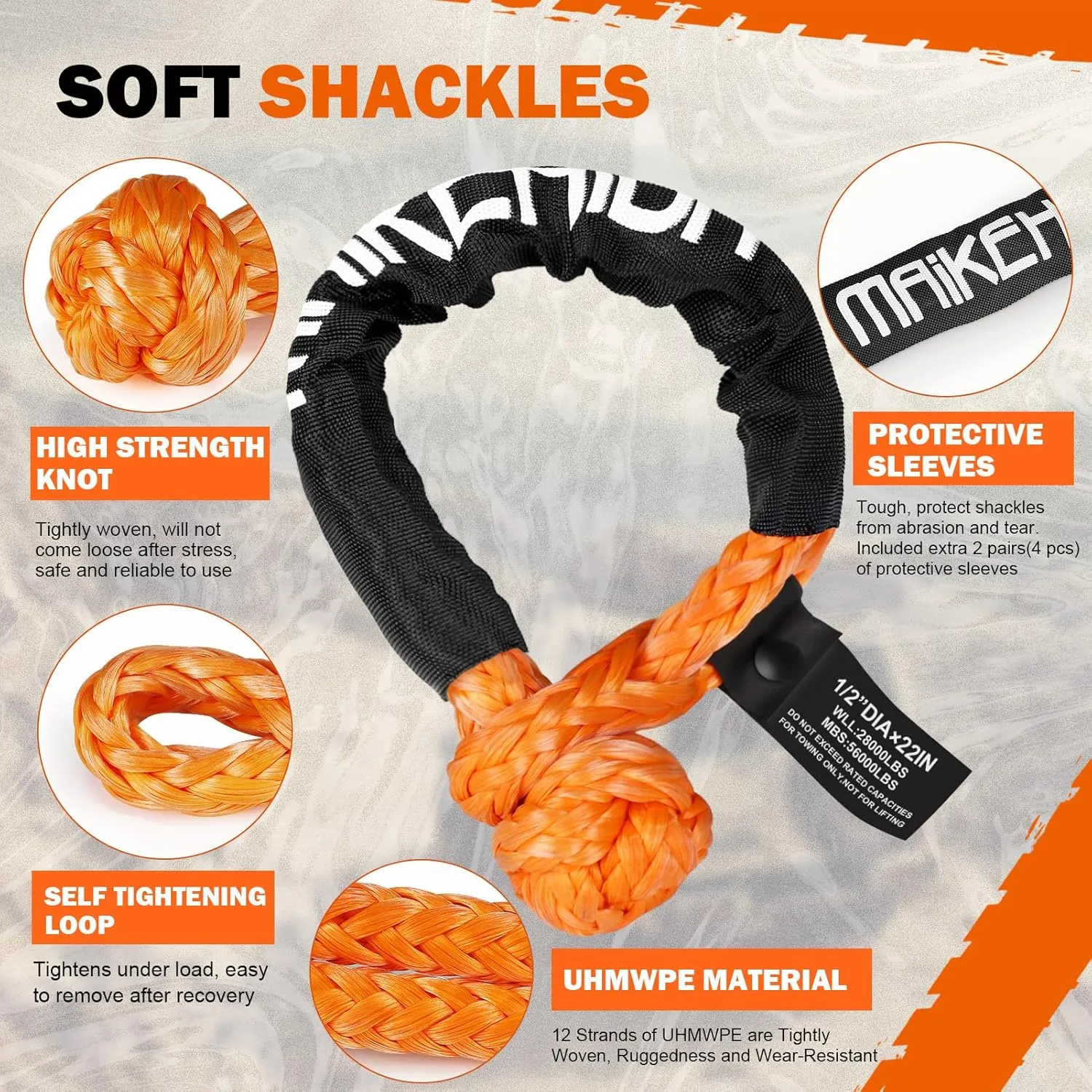 MAIKEHIGH 1-1/8" x 30ft Kinetic Tow Rope(56,000LBS), Heavy Duty Recovery Rope with 2 UHMWPE Soft Shackles, 30 % Elasticity Off Road Recovery Kit Towing Straps for Vehicle Trucks Tractor Car