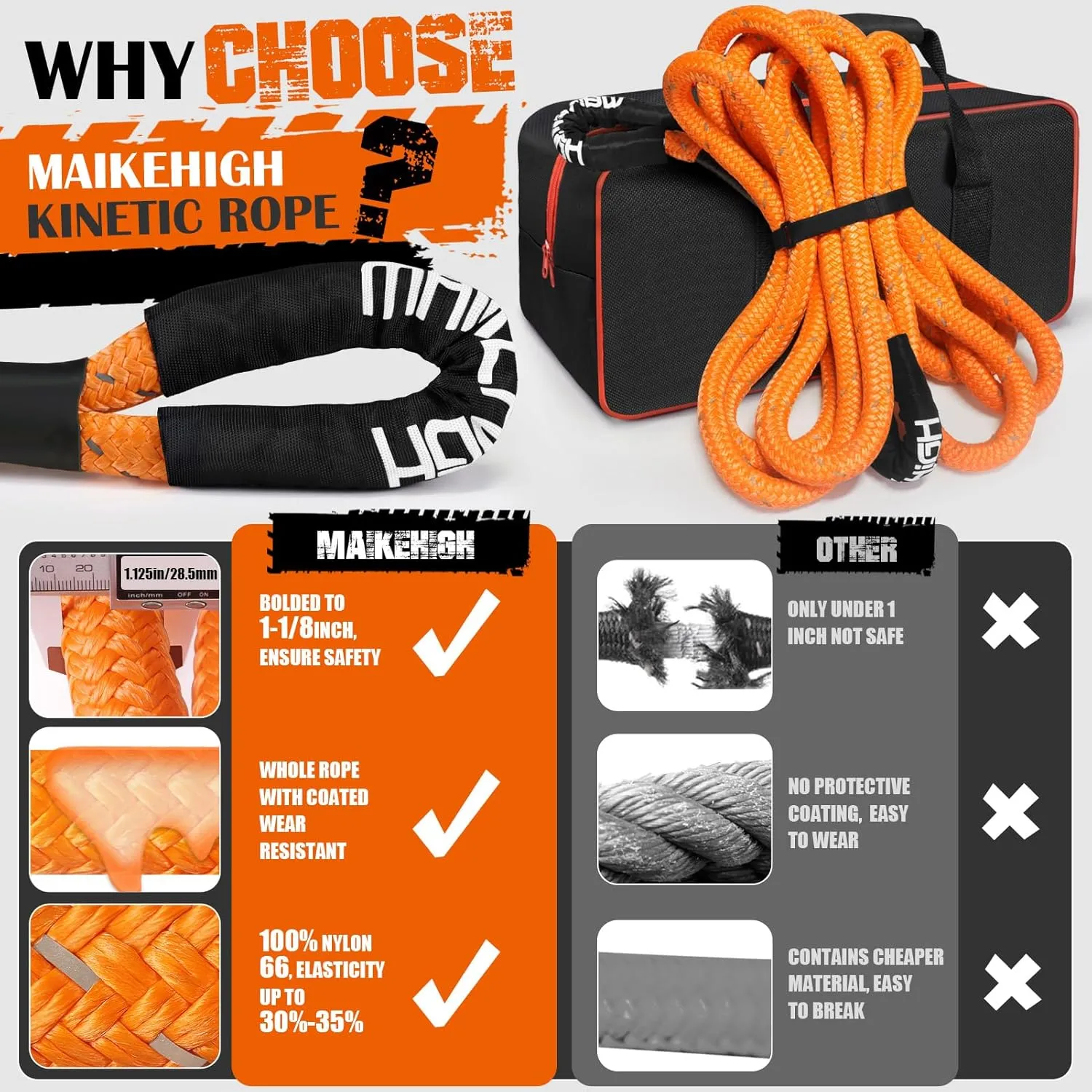MAIKEHIGH 1-1/8" x 30ft Kinetic Tow Rope(56,000LBS), Heavy Duty Recovery Rope with 2 UHMWPE Soft Shackles, 30 % Elasticity Off Road Recovery Kit Towing Straps for Vehicle Trucks Tractor Car