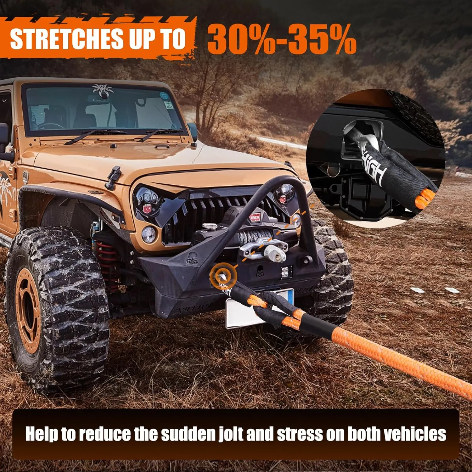 MAIKEHIGH 1-1/8" x 30ft Kinetic Tow Rope(56,000LBS), Heavy Duty Recovery Rope with 2 UHMWPE Soft Shackles, 30 % Elasticity Off Road Recovery Kit Towing Straps for Vehicle Trucks Tractor Car