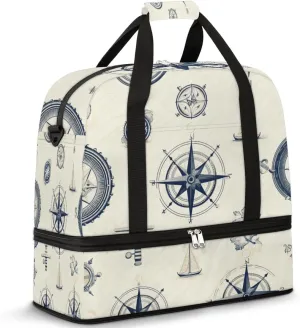 Marine Compass Pattern Travel Duffel Bag for Women Men, Nautical Compass Sports Gym Bag with Shoes Compartment Foldable Overnight Bag Weekender Tote Workout Carry On Luggage Bag