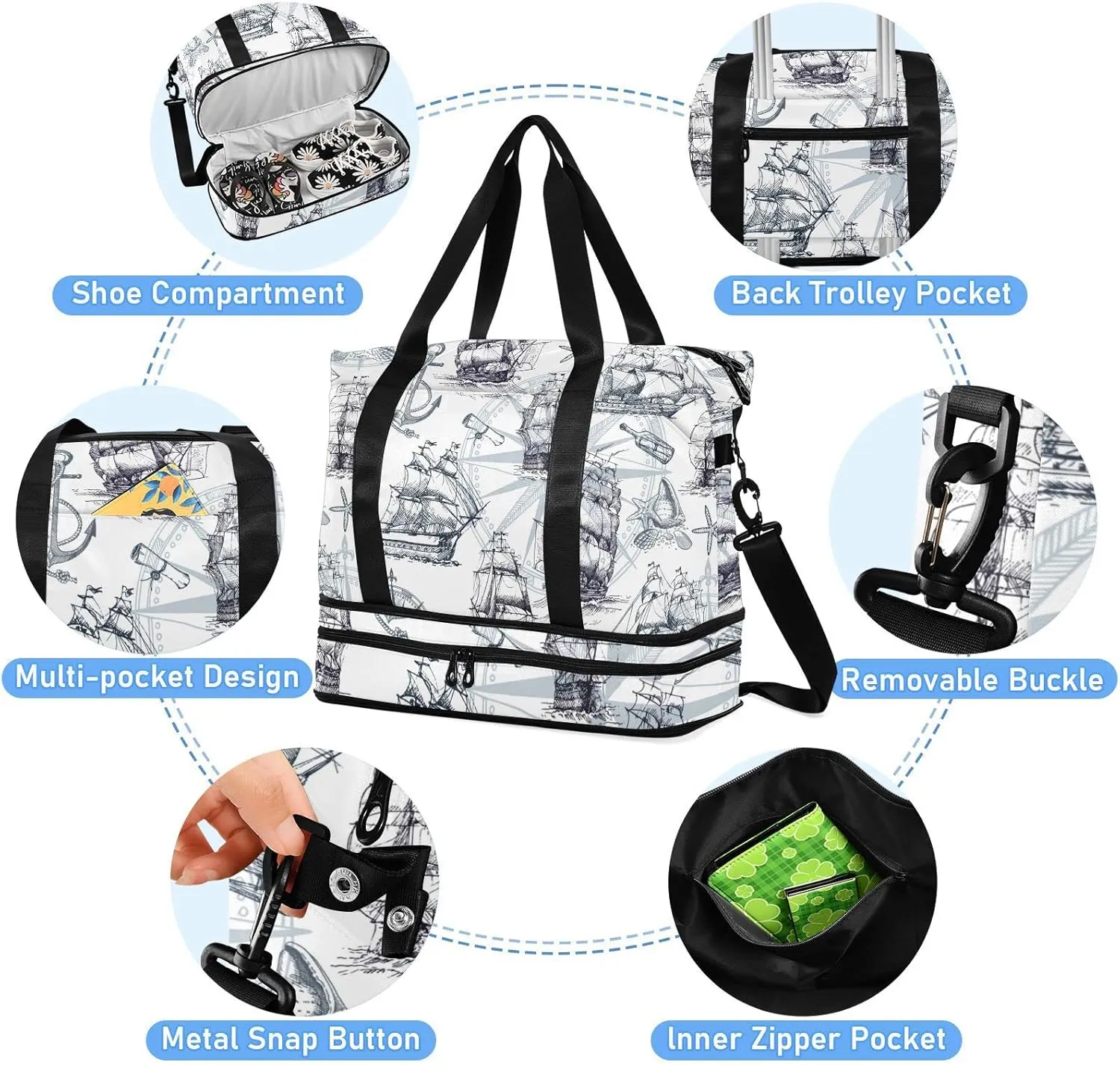 Marine Sailboats, Compass, Anchor, Sea Shells in Retro Style Foldable Travel Bag, Camping Luggage bag, Portable Gym Bag, Sports Bag, Toiletry Bag with Handles Adjustable Shoulder Strap