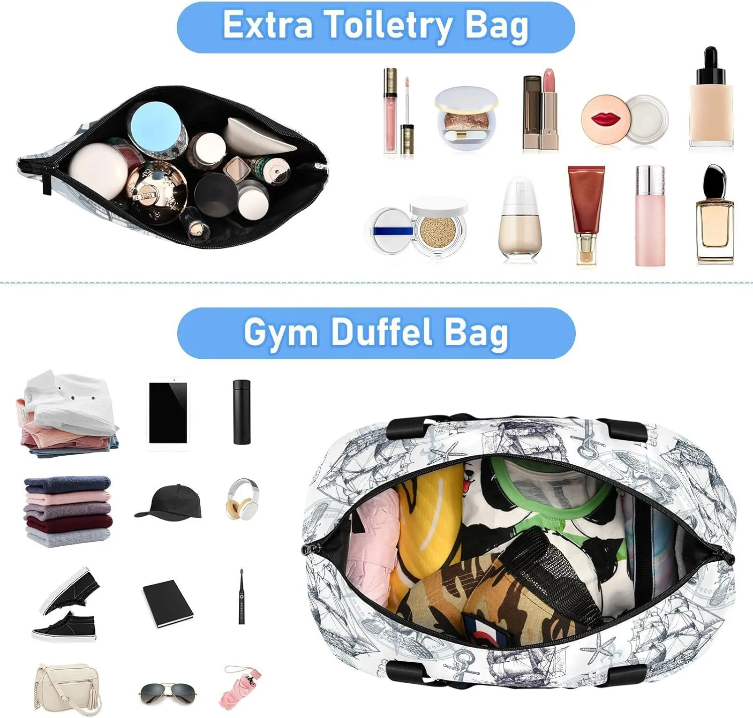 Marine Sailboats, Compass, Anchor, Sea Shells in Retro Style Foldable Travel Bag, Camping Luggage bag, Portable Gym Bag, Sports Bag, Toiletry Bag with Handles Adjustable Shoulder Strap