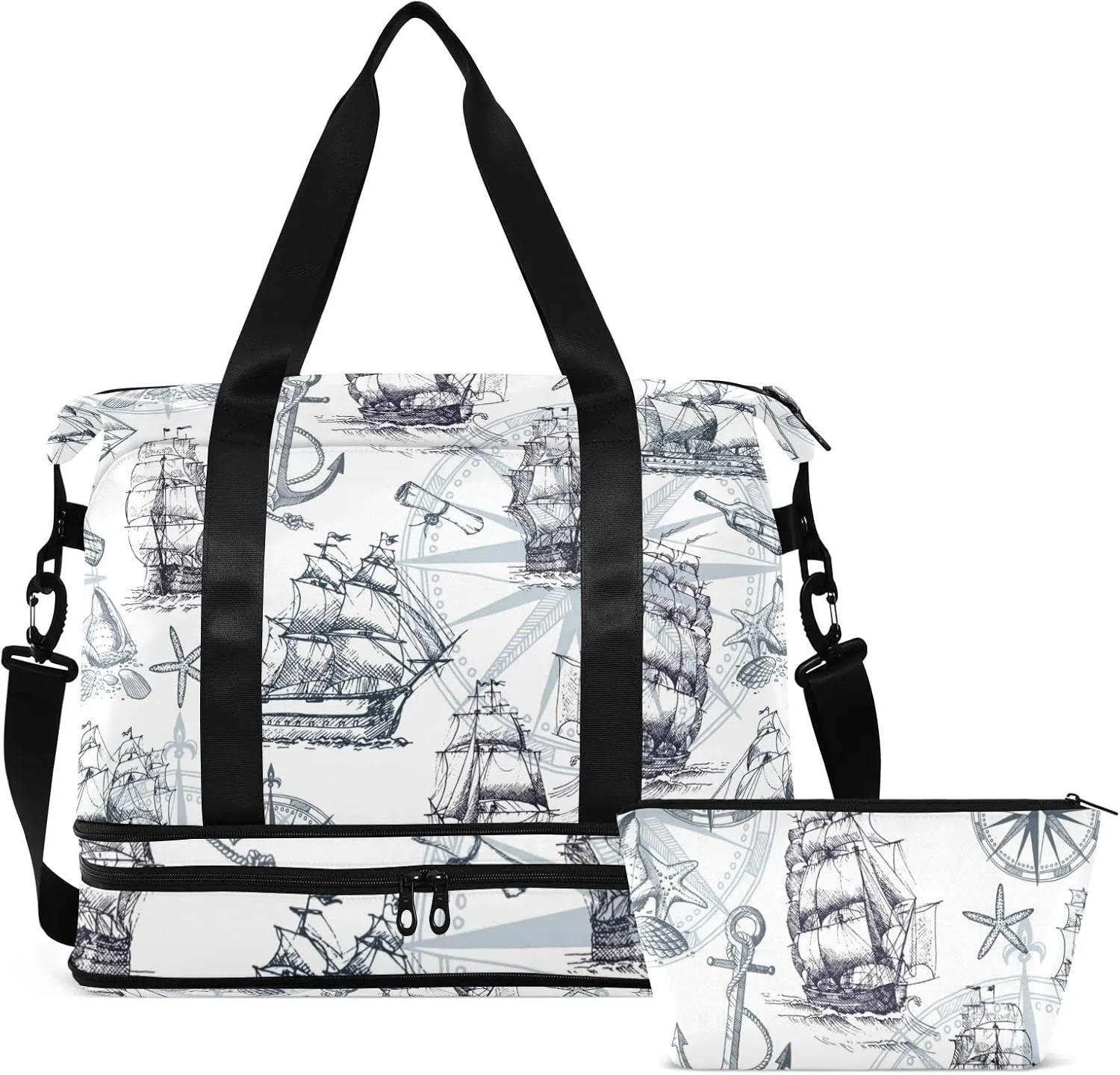 Marine Sailboats, Compass, Anchor, Sea Shells in Retro Style Foldable Travel Bag, Camping Luggage bag, Portable Gym Bag, Sports Bag, Toiletry Bag with Handles Adjustable Shoulder Strap