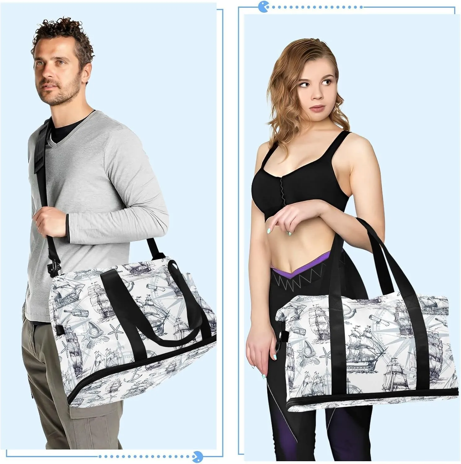Marine Sailboats, Compass, Anchor, Sea Shells in Retro Style Foldable Travel Bag, Camping Luggage bag, Portable Gym Bag, Sports Bag, Toiletry Bag with Handles Adjustable Shoulder Strap