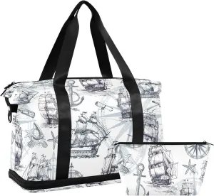 Marine Sailboats, Compass, Anchor, Sea Shells in Retro Style Foldable Travel Bag, Camping Luggage bag, Portable Gym Bag, Sports Bag, Toiletry Bag with Handles Adjustable Shoulder Strap