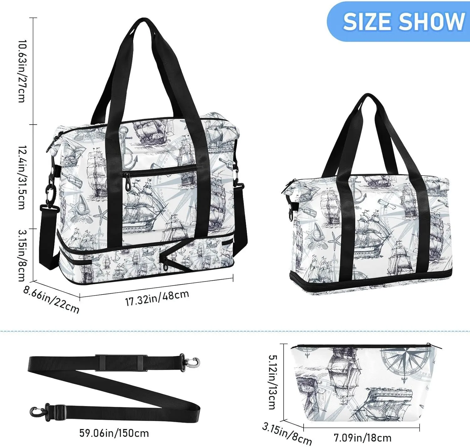 Marine Sailboats, Compass, Anchor, Sea Shells in Retro Style Foldable Travel Bag, Camping Luggage bag, Portable Gym Bag, Sports Bag, Toiletry Bag with Handles Adjustable Shoulder Strap