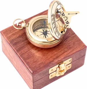 Marine Sundial Compass with Antique Nautical Solid Pocket Compass in Box Vintage Polish with Brass Finish Navigate Device Collection