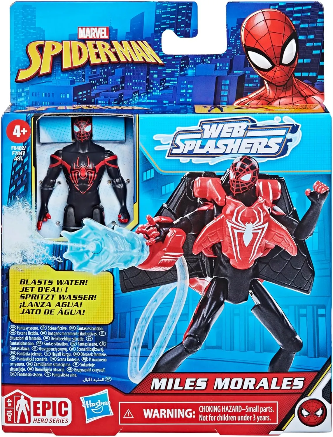 Marvel Spider-Man Aqua Web Warriors 4-Inch Miles Morales Action Figure with Refillable Water Gear Accessory, Action Figures for Boys and Girls 4 and Up