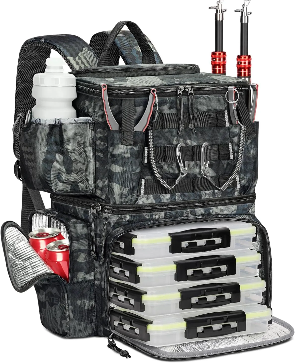MATEIN Fishing Backpack with 4 Tackle Boxes & Rod Holder, Tackle Backpack with Safety Compass & Insulated Compartment, Water Resistant Fishing Tray Bag Storage Gear and Equipment, Gifts for Fishermen