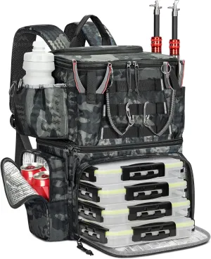 MATEIN Fishing Backpack with 4 Tackle Boxes & Rod Holder, Tackle Backpack with Safety Compass & Insulated Compartment, Water Resistant Fishing Tray Bag Storage Gear and Equipment, Gifts for Fishermen