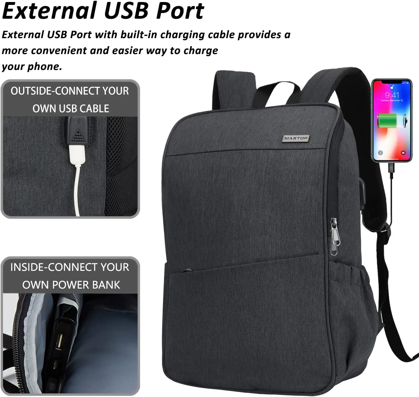 MAXTOP Laptop Backpack for Women Men College Bookbag Business Travel Backpack Water Resistant Computer Backpack with USB Charging Port Fits 15.6 Inch Laptop
