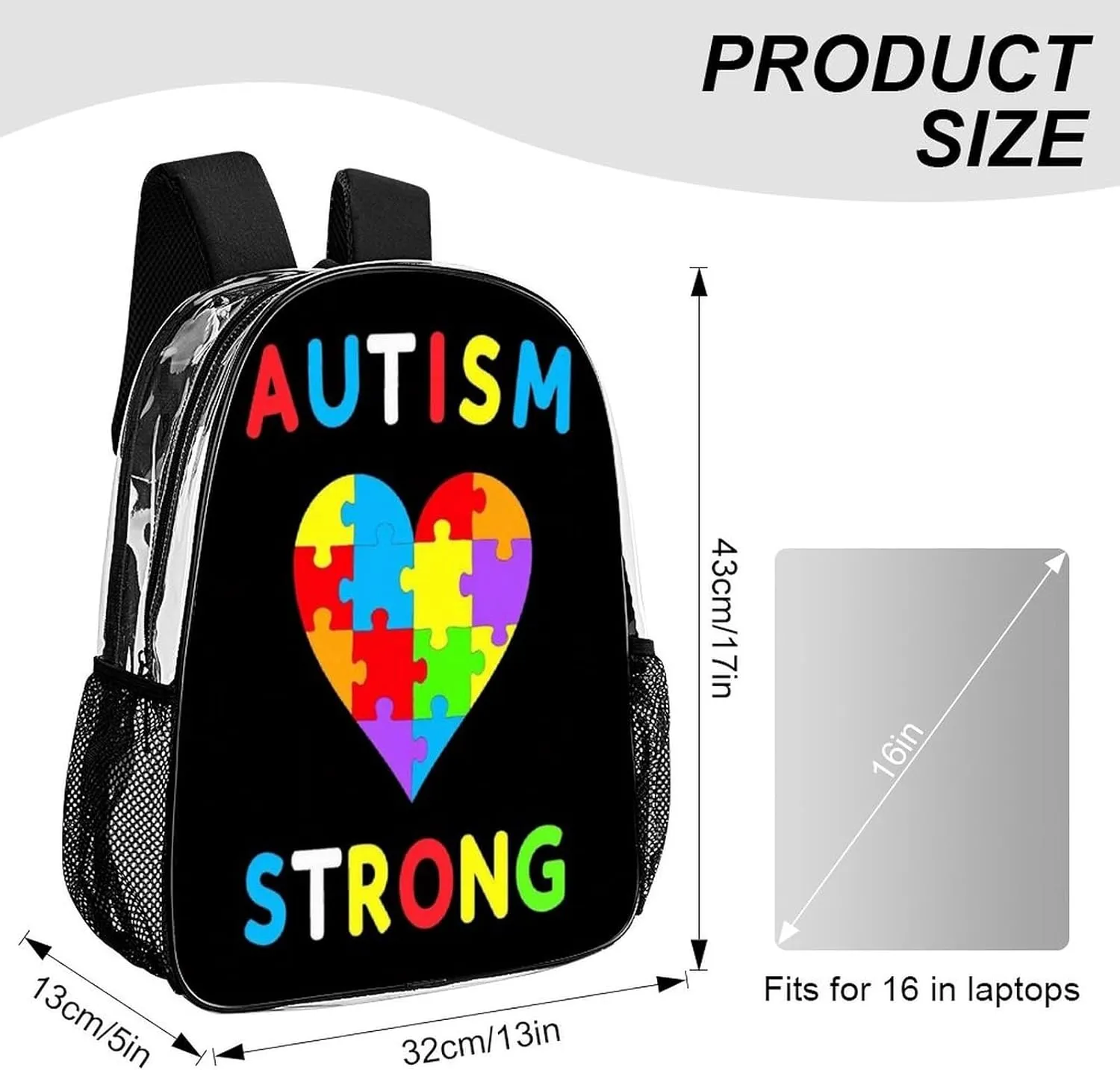 Men & Women Lightweight Autism Heart Colorful Puzzle Autism Awareness Black Casual Daypack Large Capacity Bookbag Transparent Bag for Gym Business Bicycle