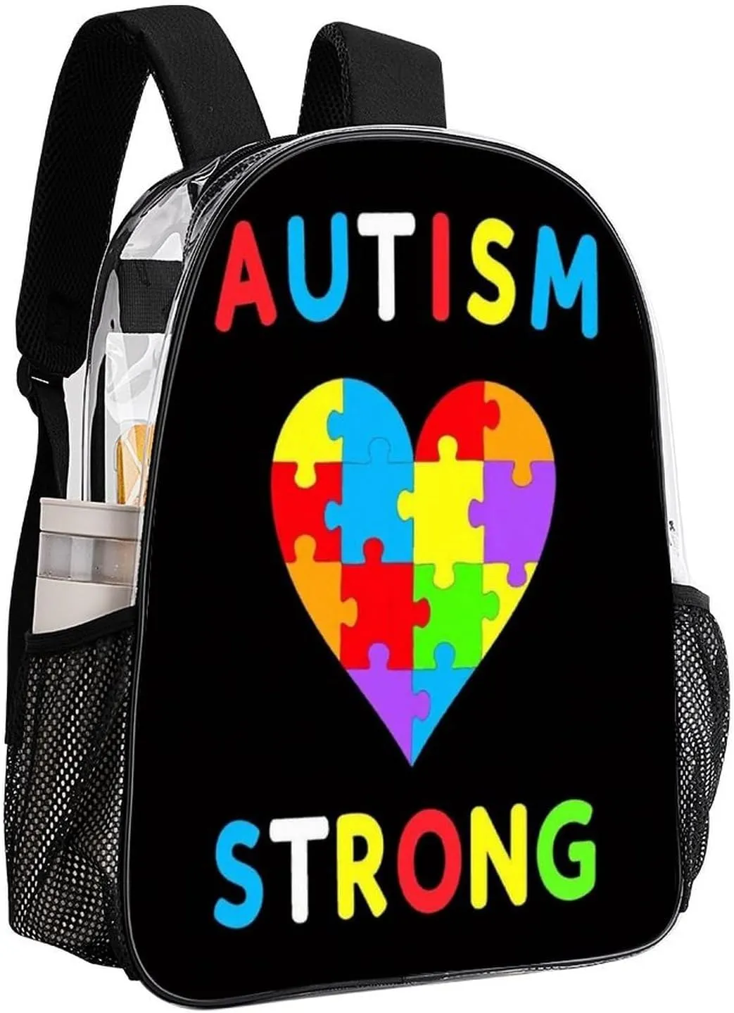 Men & Women Lightweight Autism Heart Colorful Puzzle Autism Awareness Black Casual Daypack Large Capacity Bookbag Transparent Bag for Gym Business Bicycle