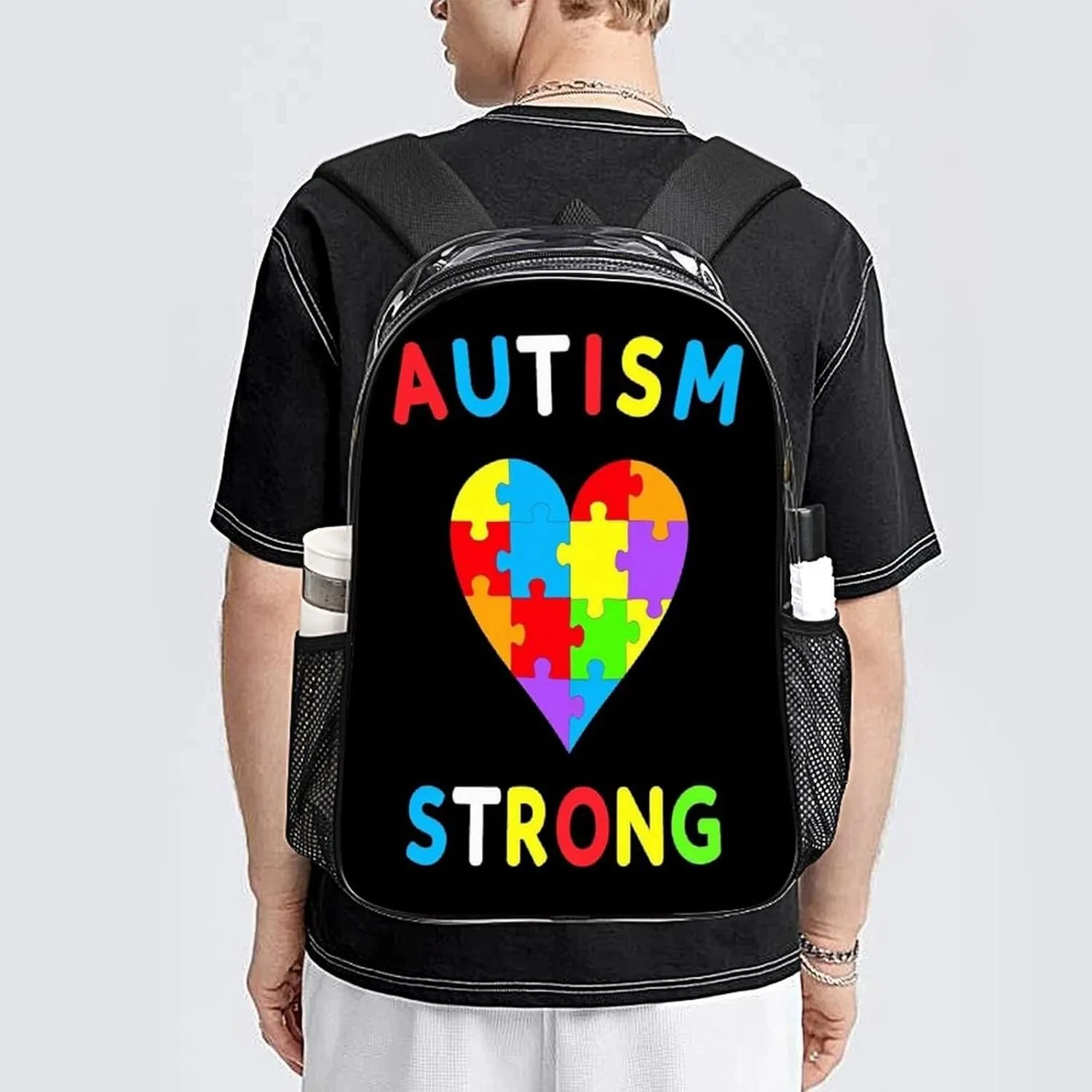 Men & Women Lightweight Autism Heart Colorful Puzzle Autism Awareness Black Casual Daypack Large Capacity Bookbag Transparent Bag for Gym Business Bicycle
