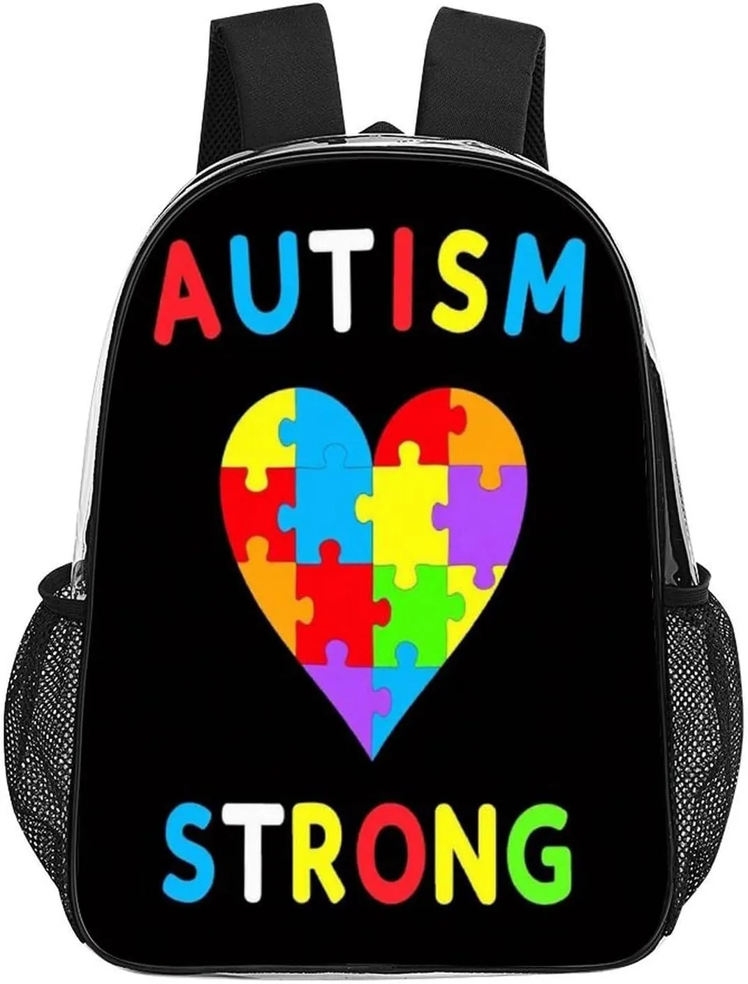 Men & Women Lightweight Autism Heart Colorful Puzzle Autism Awareness Black Casual Daypack Large Capacity Bookbag Transparent Bag for Gym Business Bicycle