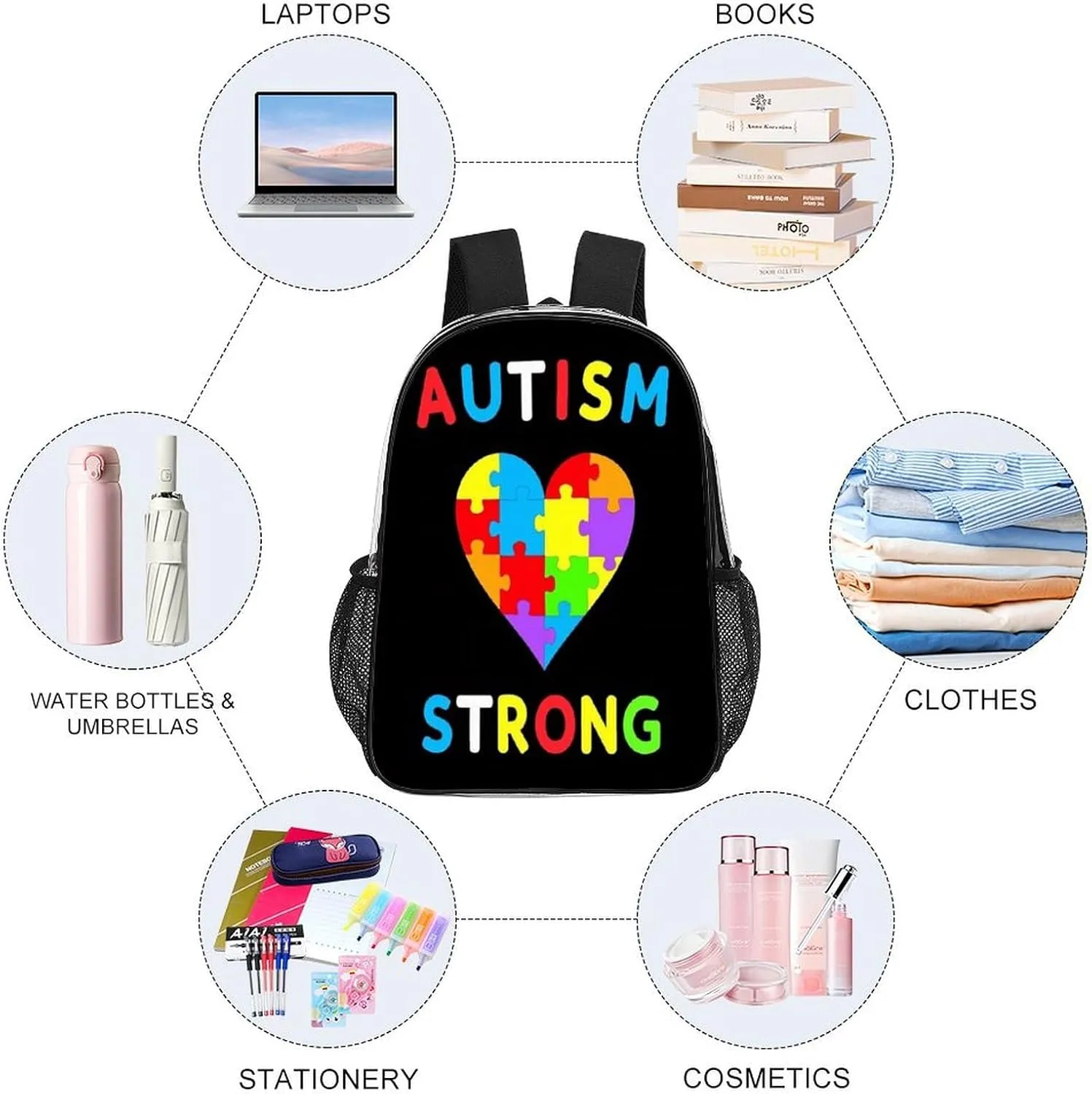 Men & Women Lightweight Autism Heart Colorful Puzzle Autism Awareness Black Casual Daypack Large Capacity Bookbag Transparent Bag for Gym Business Bicycle