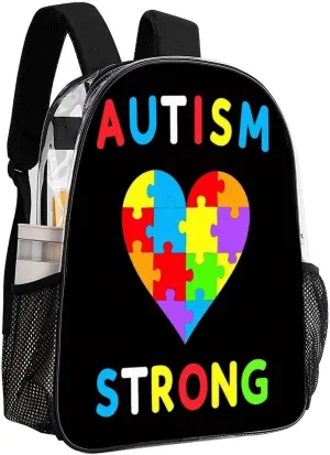 Men & Women Lightweight Autism Heart Colorful Puzzle Autism Awareness Black Casual Daypack Large Capacity Bookbag Transparent Bag for Gym Business Bicycle