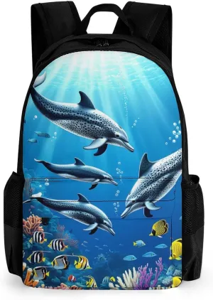 Men & Women Polyester Colorful Sea Ocean World Dolphin Tropical Fishes Coral Art Backpack Large Capacity Bookbag With Smooth Zippers for Climbing Picnic Bicycle