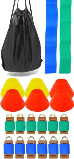 Merz67 Flag Football Set 12 Belts 24 Flags 6 Cones and Drawstring Backpack, Blue Green, One Size fits Most (12FlagSet)