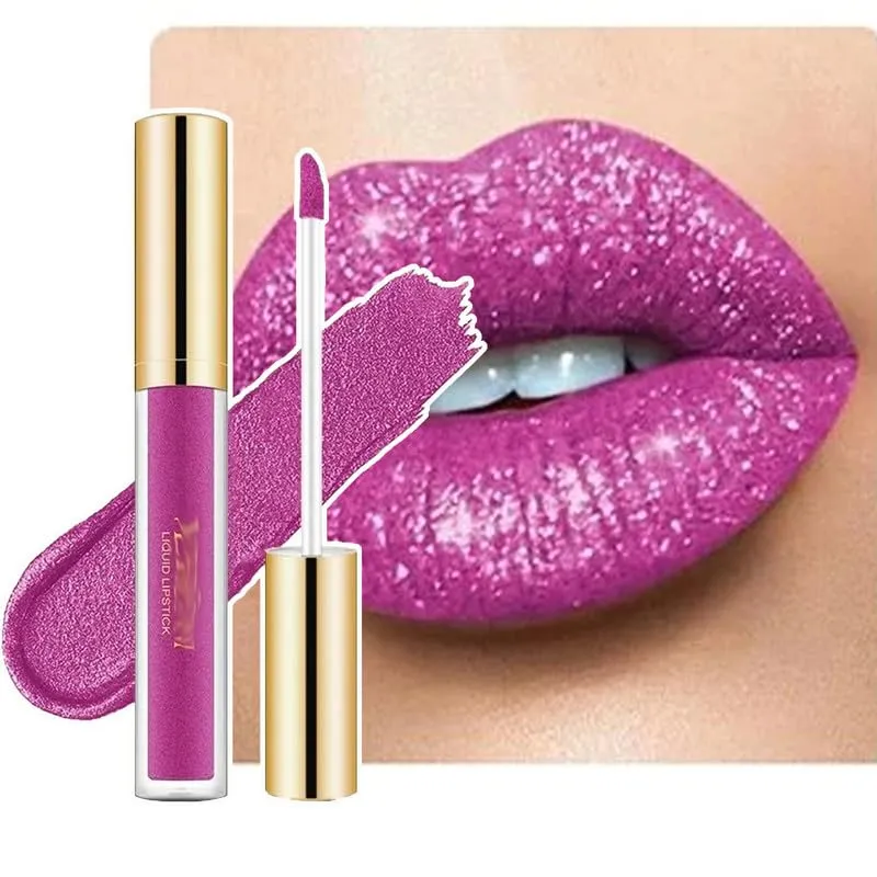 Metallic Liquid Diamond Glitter Lipstick, Diamond Glitter Lipstick Set, Shimmer High Pigment Lip Gloss, Metallic Liquid Lipstick Long Lasting Waterproof Lip Gloss Makeup Kit (#02)