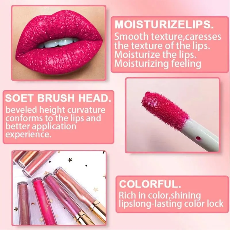 Metallic Liquid Diamond Glitter Lipstick, Diamond Glitter Lipstick Set, Shimmer High Pigment Lip Gloss, Metallic Liquid Lipstick Long Lasting Waterproof Lip Gloss Makeup Kit (#02)