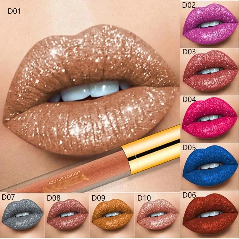 Metallic Liquid Diamond Glitter Lipstick, Diamond Glitter Lipstick Set, Shimmer High Pigment Lip Gloss, Metallic Liquid Lipstick Long Lasting Waterproof Lip Gloss Makeup Kit (#02)