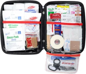 MFASCO Outdoor First Aid Kit, Red Bag, Bug Wipes, Moleskin, Athletic Tape, for Camping, Sports, Family, Packed in EVA Soft Bag with Handle, Won't Crack Like Plastic, Compact Size - 100 pcs 10"x8"x3"
