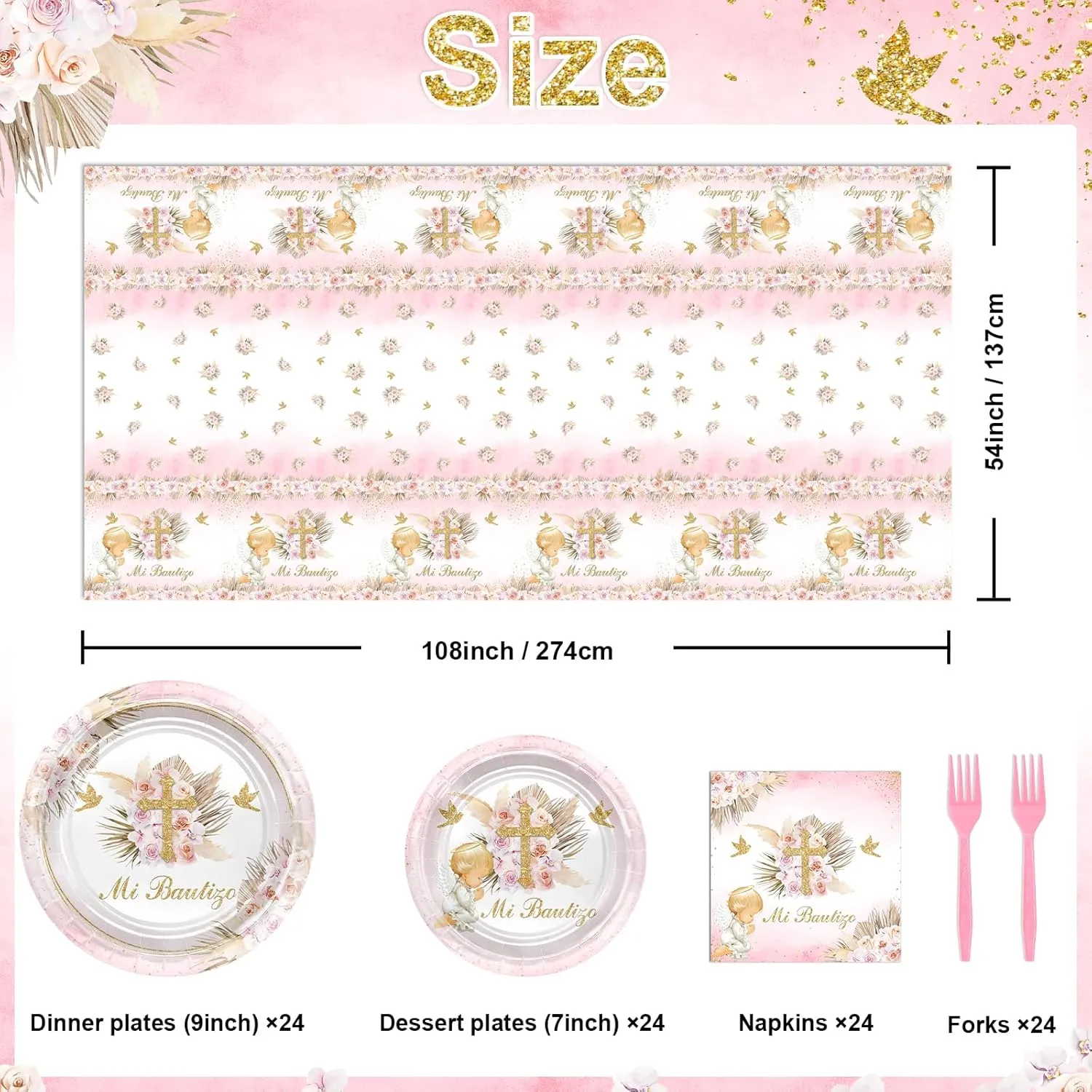 Mi Bautizo for Girls 97 Pcs Pink Baptism Plates and Napkins Tablecloth Serve 24 Mi Primera First Communion Decorations God Bless Christening Party Supplies Set