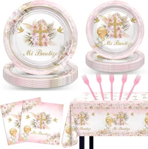 Mi Bautizo for Girls 97 Pcs Pink Baptism Plates and Napkins Tablecloth Serve 24 Mi Primera First Communion Decorations God Bless Christening Party Supplies Set