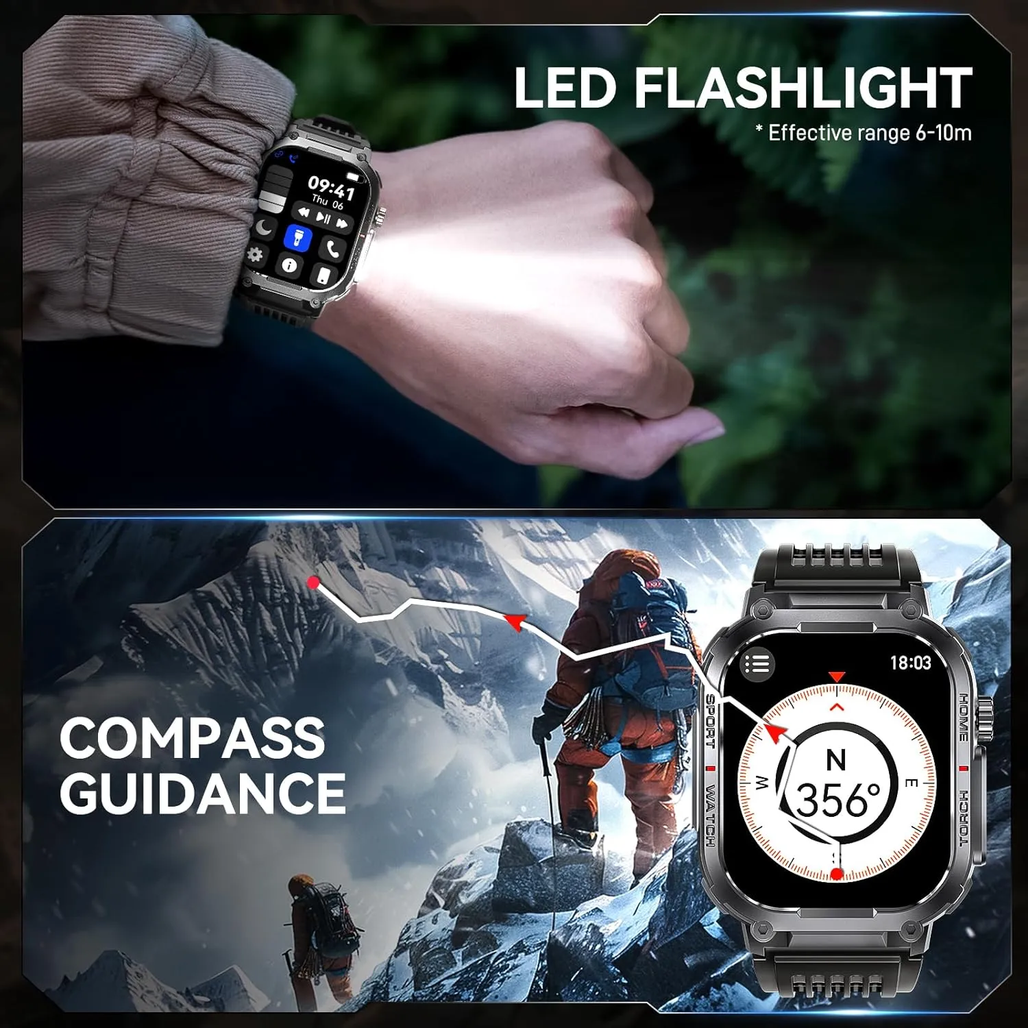 Military Smart Watch for Men 3ATM Waterproof with Call/LED Flashlight 2.02" HD Big Screen Rugged Tactical Smartwatch with Compass Fitness Tracker with HR/SPO2/Blood Pressure Monitor for iPhone Android