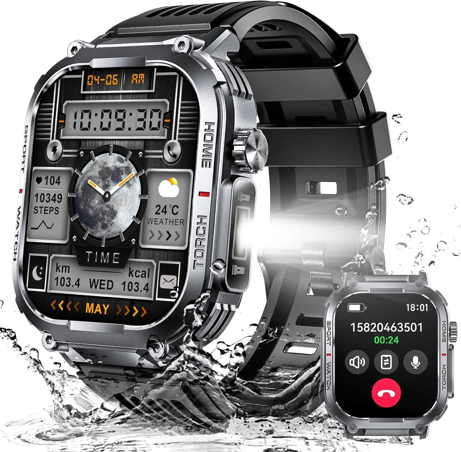 Military Smart Watch for Men 3ATM Waterproof with Call/LED Flashlight 2.02" HD Big Screen Rugged Tactical Smartwatch with Compass Fitness Tracker with HR/SPO2/Blood Pressure Monitor for iPhone Android