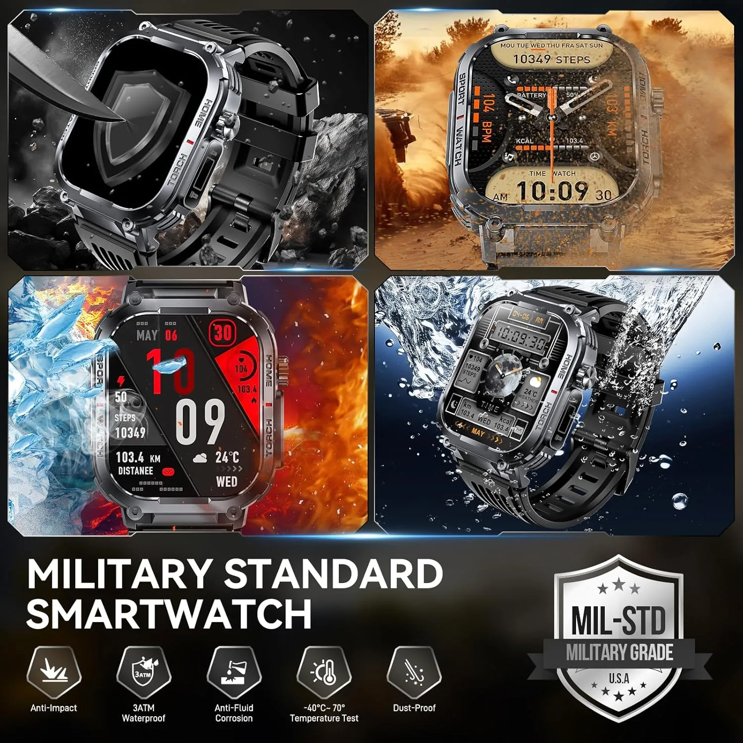 Military Smart Watch for Men 3ATM Waterproof with Call/LED Flashlight 2.02" HD Big Screen Rugged Tactical Smartwatch with Compass Fitness Tracker with HR/SPO2/Blood Pressure Monitor for iPhone Android