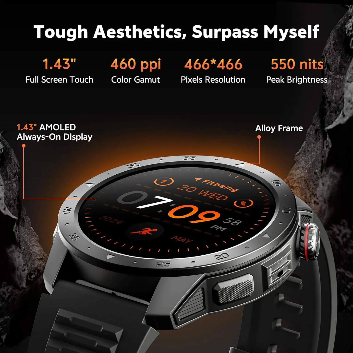 Military Smart Watches for Men Built-in GPS, 1.43" AMOLED Screen with Compass, Altitude, Barometer, 3ATM Waterproof, Answer/Make Call, Fitness Tracker with Health Monitor for Android iOS
