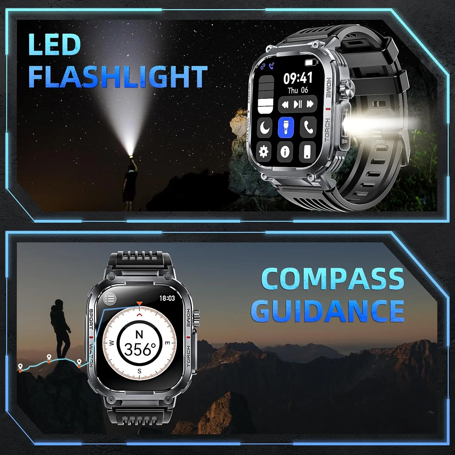 Military Smart Watches for Men with LED Flashlight Compass (Answer/Make Call) 2.02" Fitness Tracker with 100  Sport Modes Heart Rate Sleep Monitor 400mAh 3ATM Waterproof Smartwatch for iPhone Android