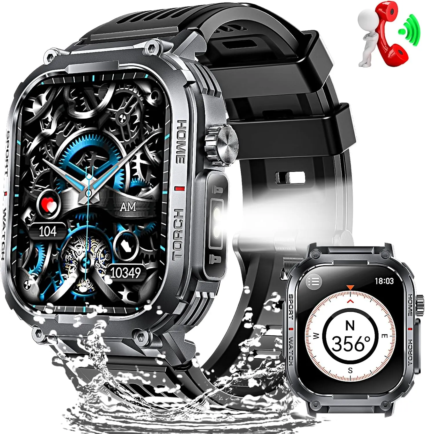 Military Smart Watches for Men with LED Flashlight Compass (Answer/Make Call) 2.02" Fitness Tracker with 100  Sport Modes Heart Rate Sleep Monitor 400mAh 3ATM Waterproof Smartwatch for iPhone Android