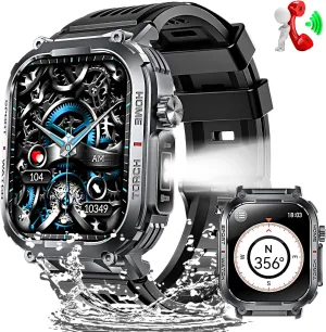 Military Smart Watches for Men with LED Flashlight Compass (Answer/Make Call) 2.02" Fitness Tracker with 100  Sport Modes Heart Rate Sleep Monitor 400mAh 3ATM Waterproof Smartwatch for iPhone Android