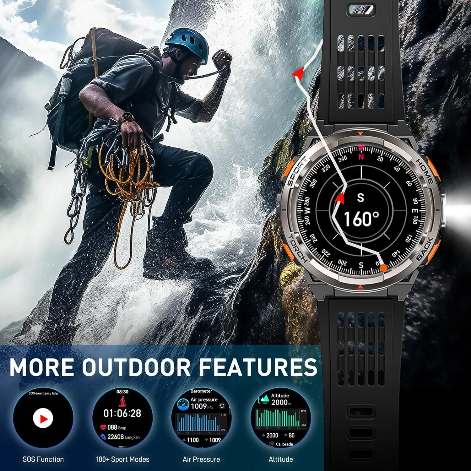 Military Smart Watches for Men with LED Flashlight, Tactical Rugged Smart Watch with 1.45" HD, 3ATM Waterproof & Compass, Sports Fitness Tracker with Heart rate/SPO2/Sleep Monitor