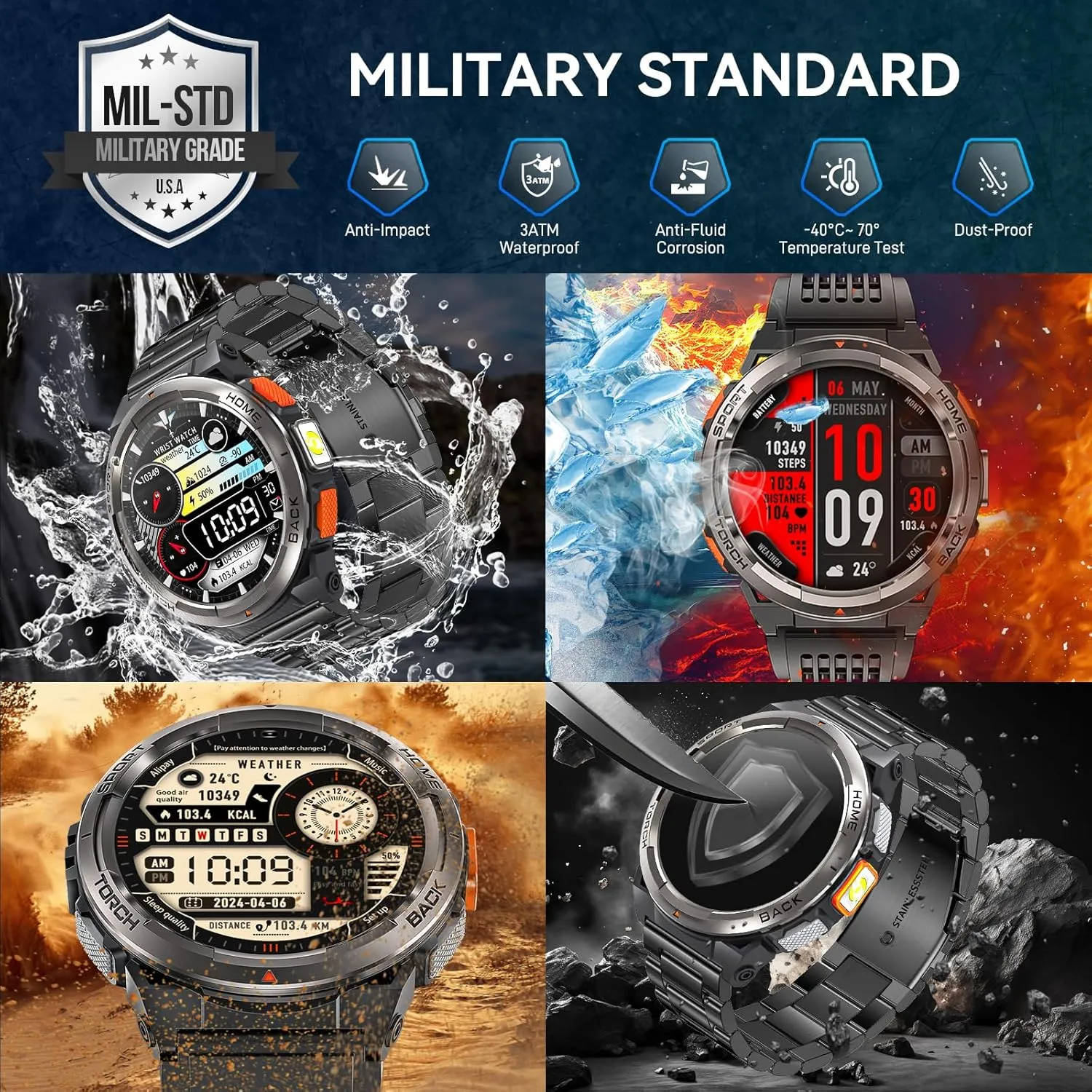 Military Smart Watches for Men with LED Flashlight, Tactical Rugged Smart Watch with 1.45" HD, 3ATM Waterproof & Compass, Sports Fitness Tracker with Heart rate/SPO2/Sleep Monitor