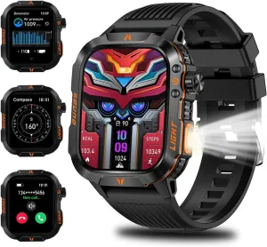 Military Smartwatch for Men LED Flashlight Bluetooth Call & IP68 Waterproof Heart Rate Blood Oxygen & Sleep Tracker Fitness Pedometer Android/iOS Compatible - Ideal for Hunting Hiking & Extreme Sports