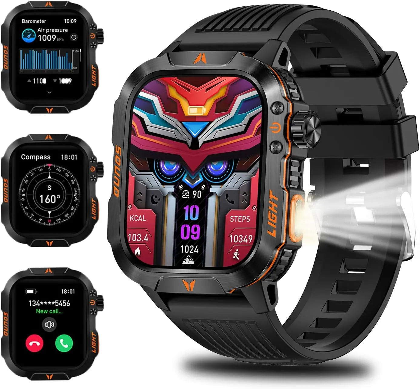 Military Smartwatch for Men LED Flashlight Bluetooth Call & IP68 Waterproof Heart Rate Blood Oxygen & Sleep Tracker Fitness Pedometer Android/iOS Compatible - Ideal for Hunting Hiking & Extreme Sports