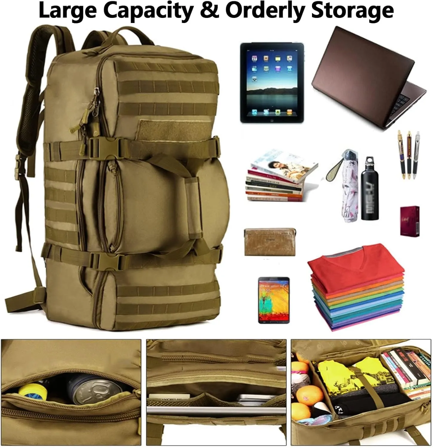 Military Tactical Backpack, 60L Extra Large Waterproof Outdoor Hiking Backpack, Men's Camping Backpack, Hiking Duffel Bag For Hunting Hiking Fishing Climbing Travel Deserts (Color : F)