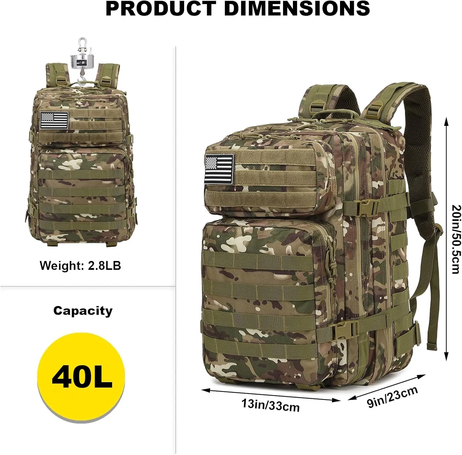 Military Tactical Backpack for Men Women, 3 Day Assault Pack Army Molle Bag Hiking Backpacks (CP Camo)