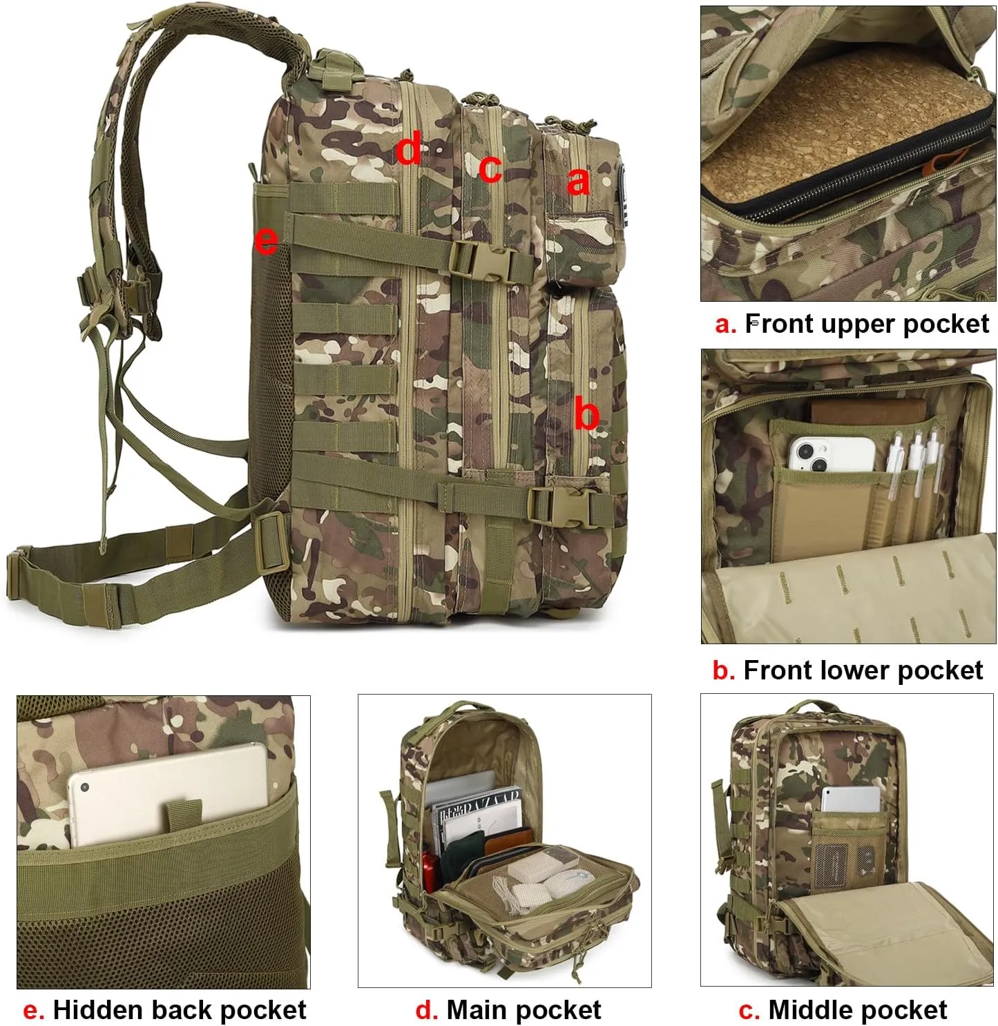 Military Tactical Backpack for Men Women, 3 Day Assault Pack Army Molle Bag Hiking Backpacks (CP Camo)