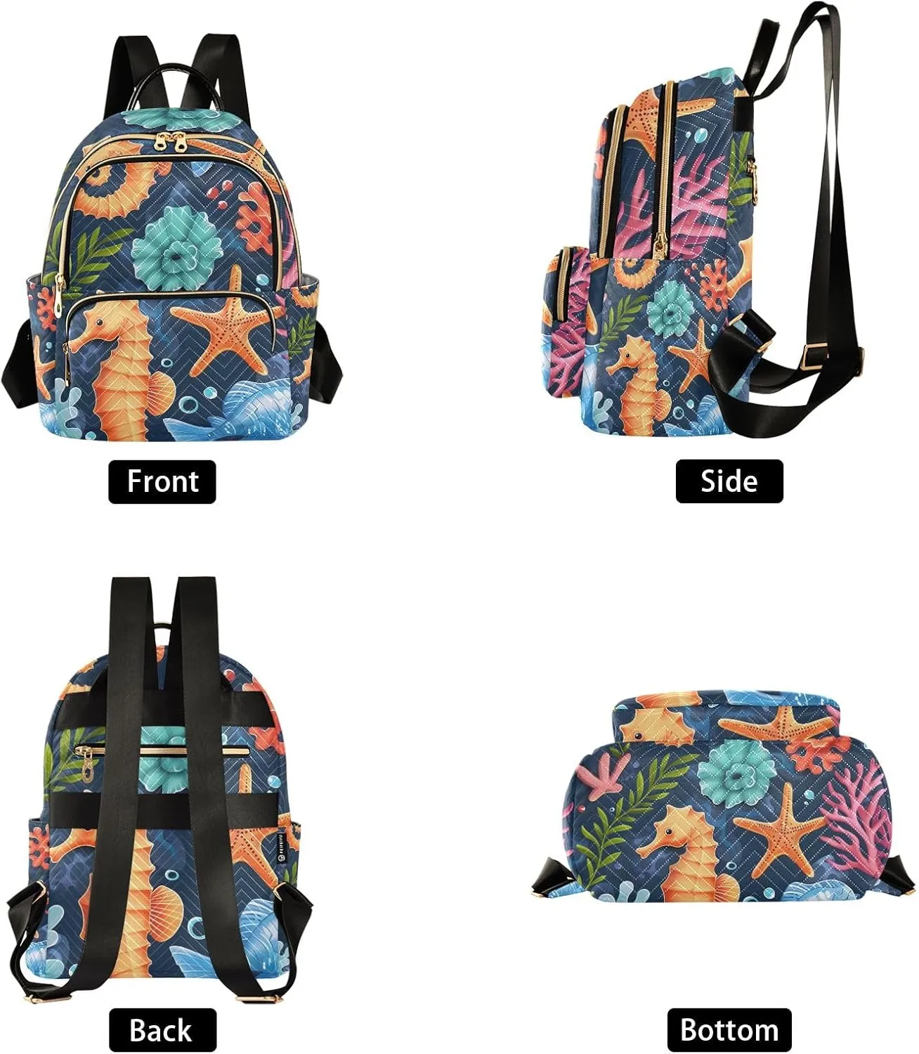 Mini Backpack Purse for Women, Seahorse Starfish Coral Cartoon Travel Bag Casual Daypack Shoulder Bag