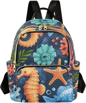 Mini Backpack Purse for Women, Seahorse Starfish Coral Cartoon Travel Bag Casual Daypack Shoulder Bag