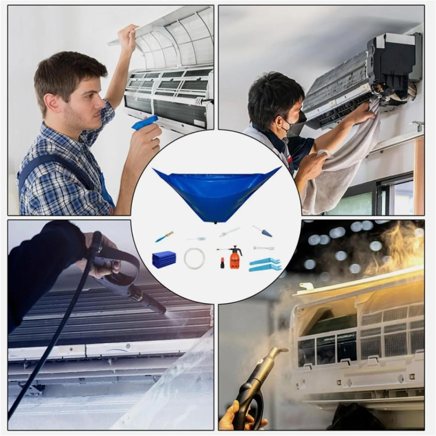 Mini Split Ac Cleaning Kit,Air Conditioner Cleaning Cover Waterproof Air Conditioning Cleaning Bag with Drainpipe and Support Plates,Wall Mounted Dust Washing Ac Clean Protector Kit (10PCS, Small)