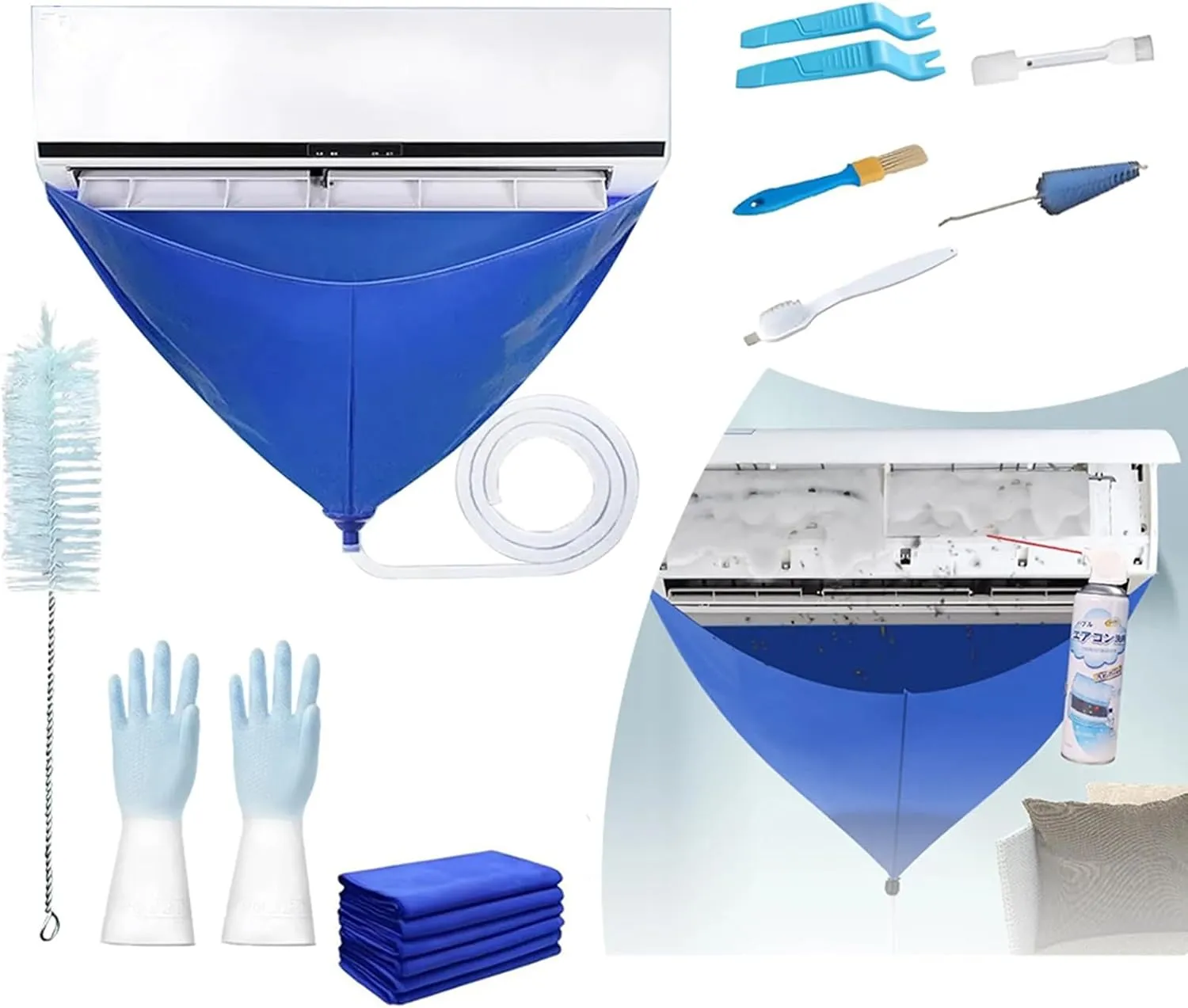 Mini Split Ac Cleaning Kit,Air Conditioner Cleaning Cover Waterproof Air Conditioning Cleaning Bag with Drainpipe and Support Plates,Wall Mounted Dust Washing Ac Clean Protector Kit (10PCS, Small)