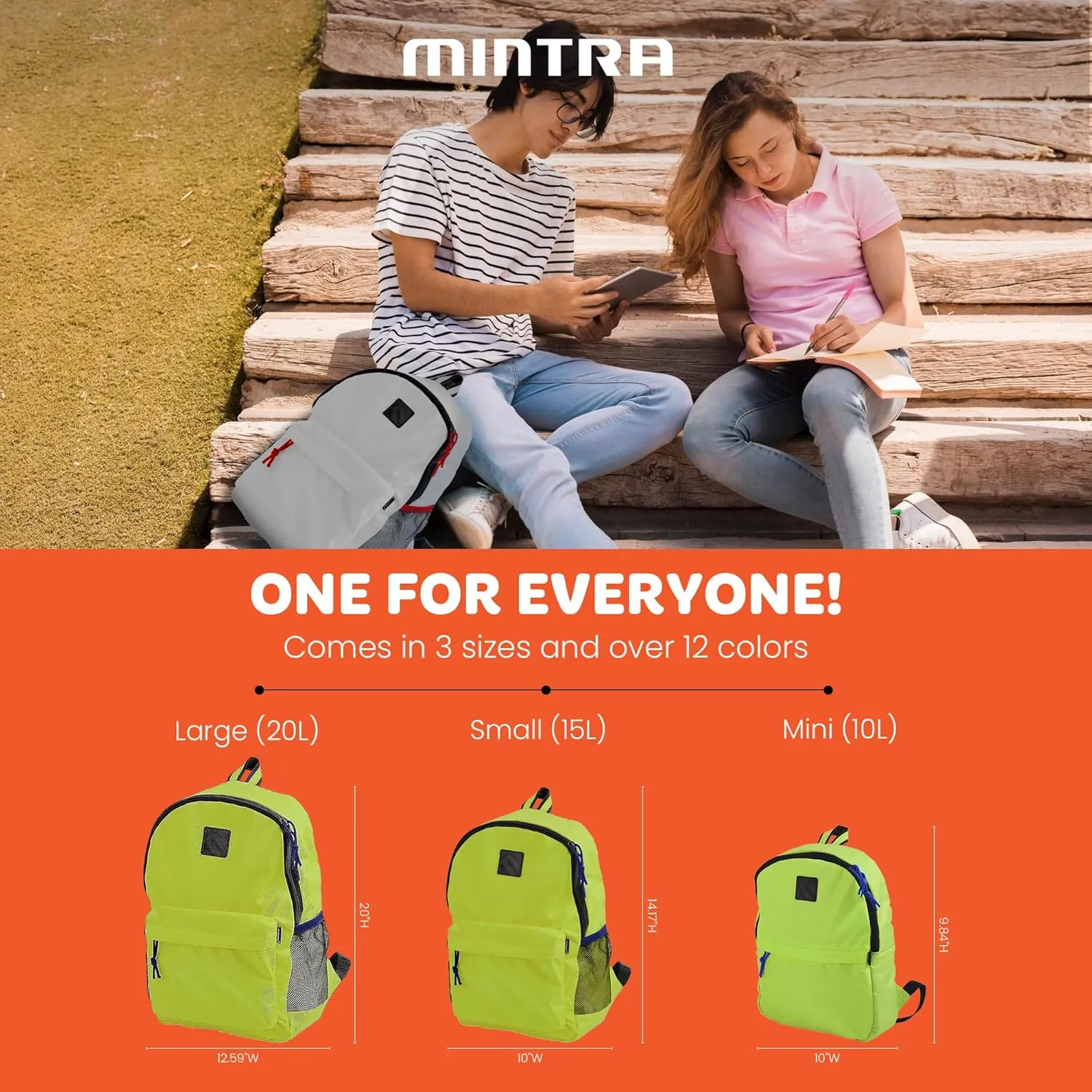 Mintra Office Backpack, Water-resistant Everyday Bag with Adjustable Straps, Unisex Backpack for Travel, College, Multi-Compartments with Secure Zippers, Lime Green, 20L Large, 12.59" W x 20" H