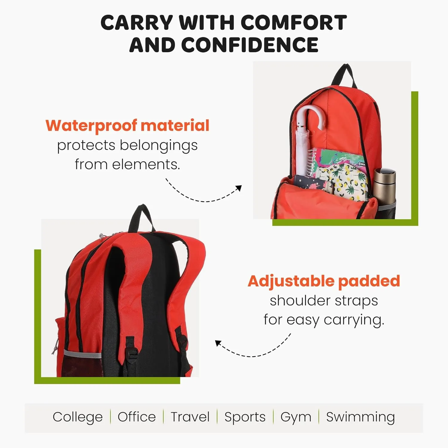 Mintra Office Backpack, Water-resistant Everyday Bag with Adjustable Straps, Unisex Backpack for Travel, College, Multi-Compartments with Secure Zippers, Lime Green, 20L Large, 12.59" W x 20" H