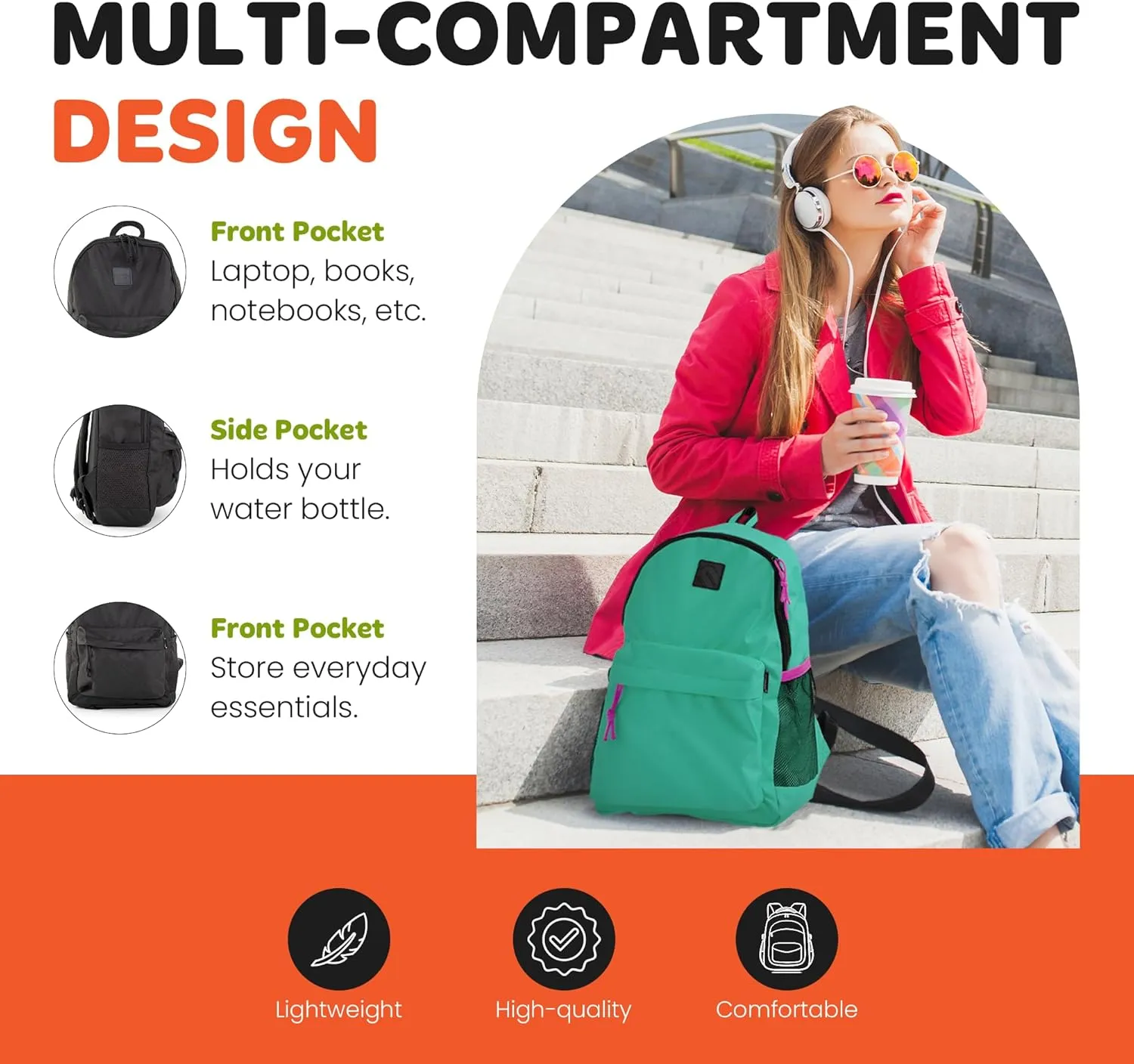 Mintra Office Backpack, Water-resistant Everyday Bag with Adjustable Straps, Unisex Backpack for Travel, College, Multi-Compartments with Secure Zippers, Lime Green, 20L Large, 12.59" W x 20" H